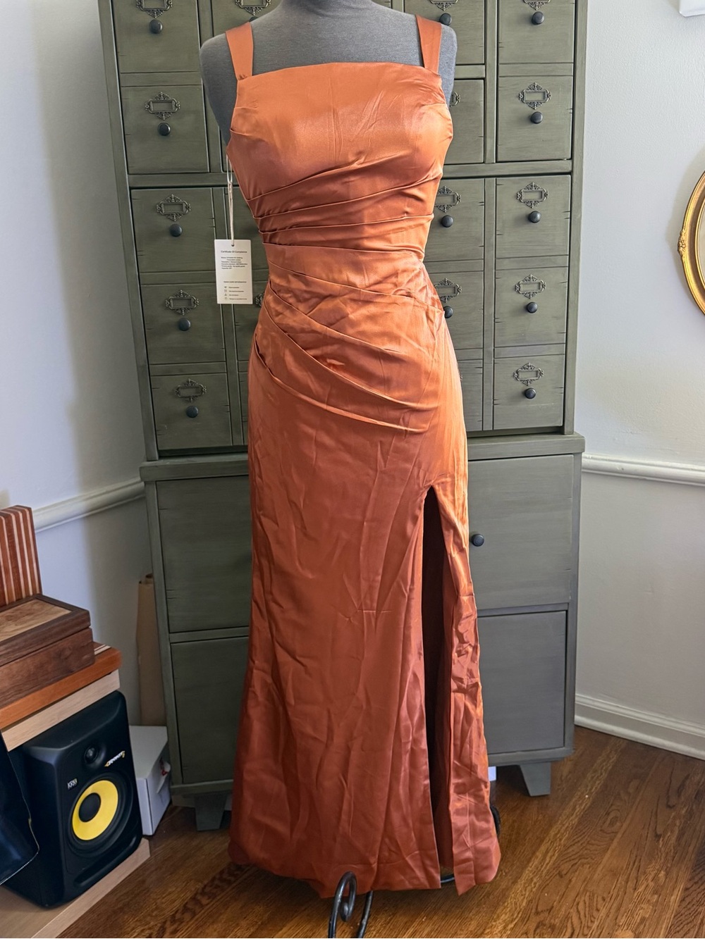 Elegant Copper Satin Bridesmaid Dress with Thigh Slit